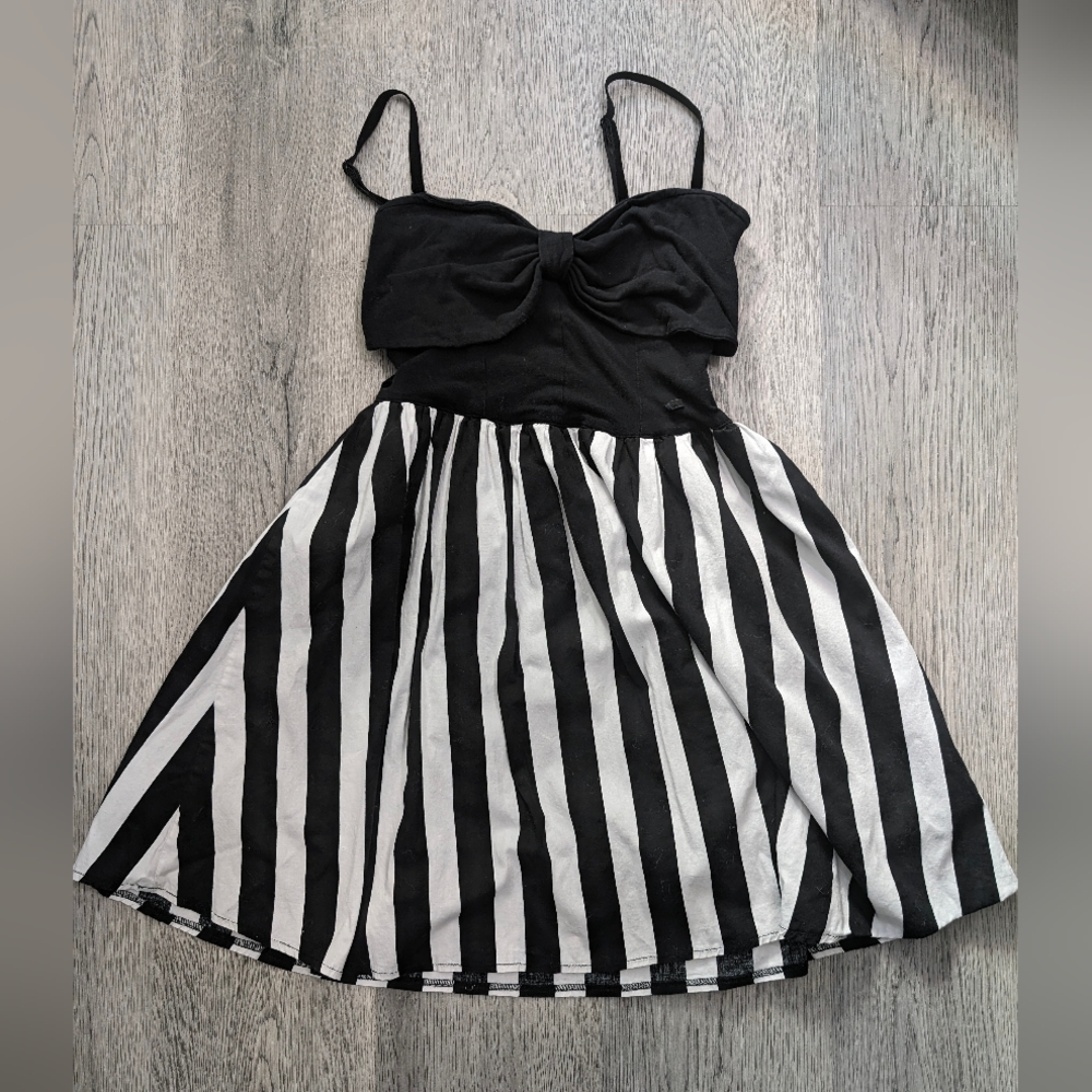Hell Bunny Beetlejuice Stripe Bow Mini Dress Black White Goth Emo Scene Coquette